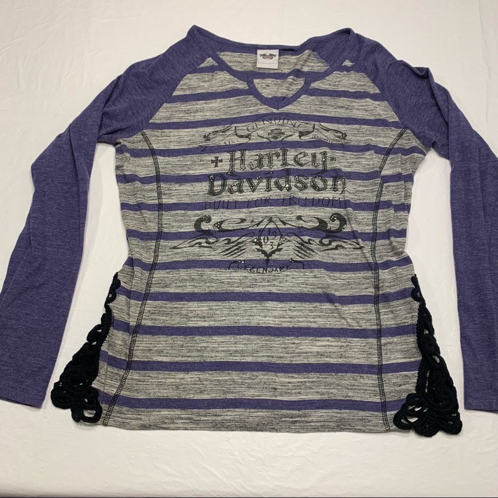Harley Davidson Crochet Accent Long Sleeve Striped Shirt Measures Women’s Large - Picture 2 of 11